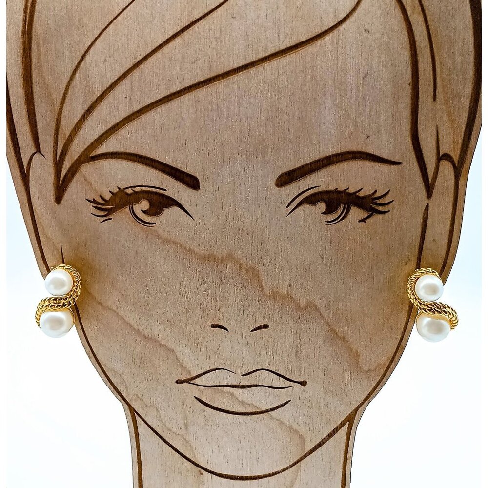 Vintage Avon Double Pearl Earrings, Elegance Collection Gold Tone Studs